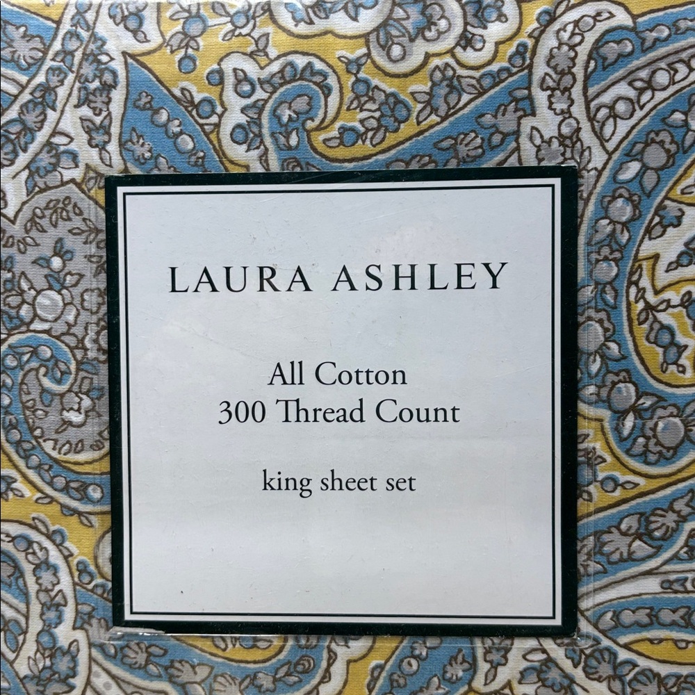 Laura Ashley Blue and Yellow Paisley King Sheet Set - Picture 2 of 4